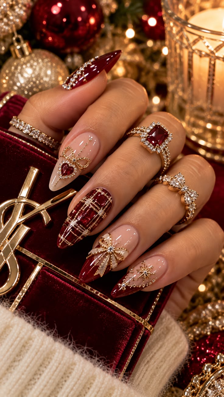 Christmas Nails: 20 Festive Designs That Aren't Tacky - 10. Red Velvet and Gold Jewels 1