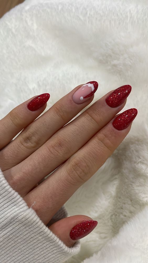 Christmas Nails: 20 Festive Designs That Aren't Tacky - 11. Glittering Red Snow Tips 1