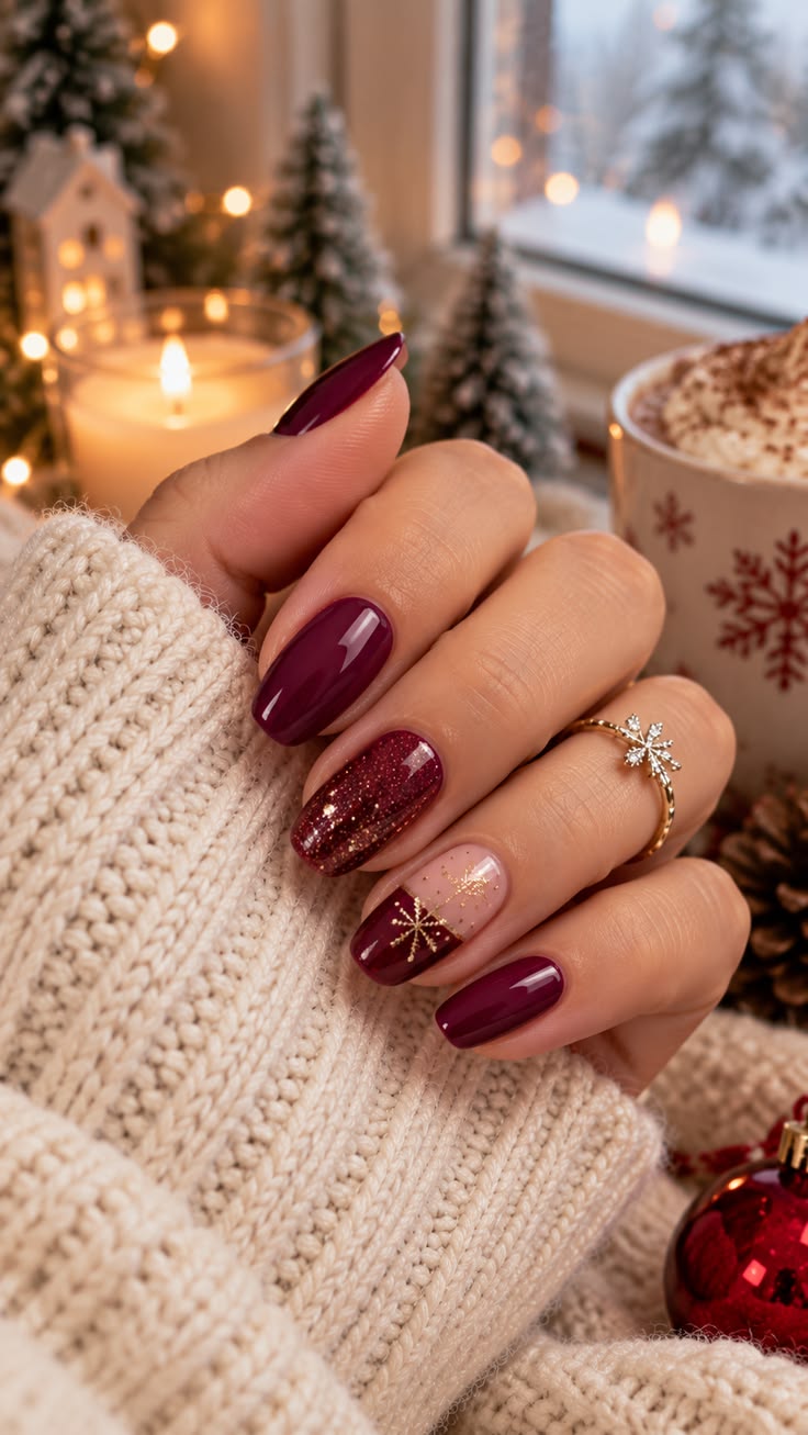 Christmas Nails: 20 Festive Designs That Aren't Tacky - 16. Plum and Gold Winter Night 1