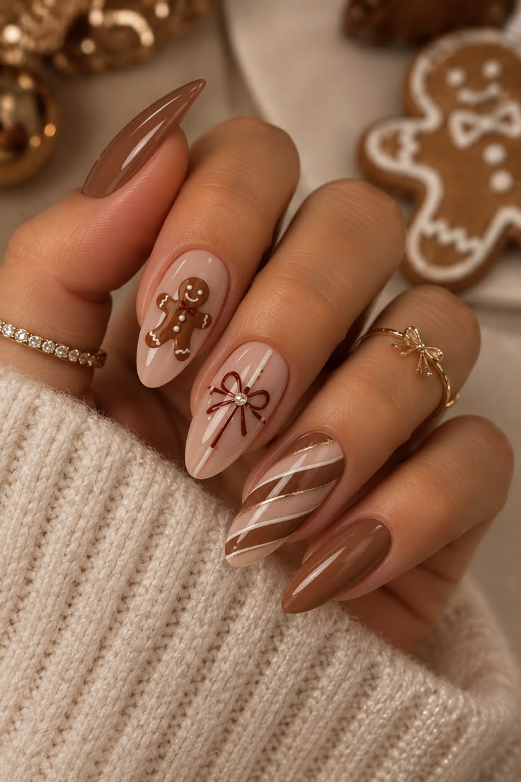 Christmas Nails: 20 Festive Designs That Aren't Tacky - 19. Gingerbread and Gift Wrap 1