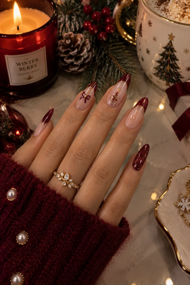 Christmas Nails: 20 Festive Designs That Aren't Tacky - 20. Burgundy Micro-French with Holiday Charms 1