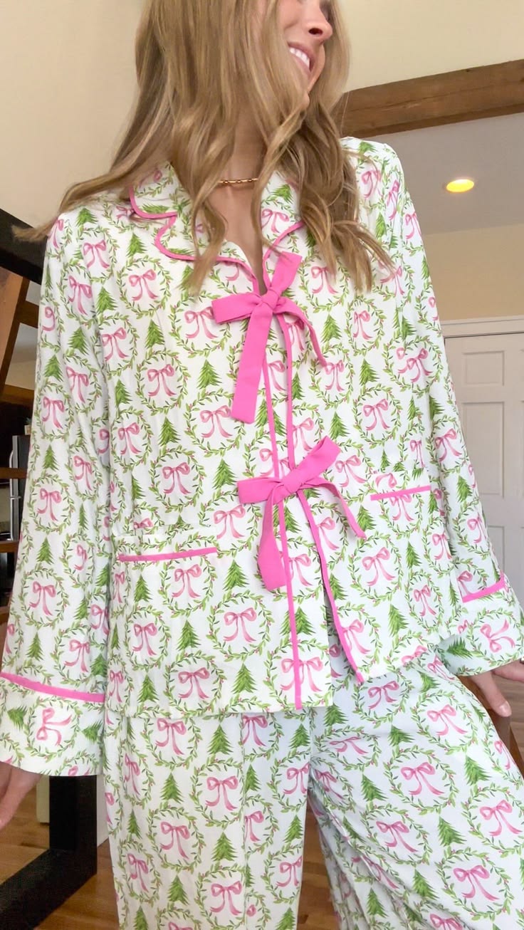 Christmas Pajama Sets: 20 Silk and Flannel Sets She'll Actually Wear - 14. Pink Bows and Greenery with a Boutique Pajama Feel 1