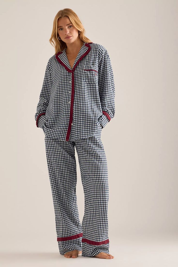 Christmas Pajama Sets: 20 Silk and Flannel Sets She'll Actually Wear - 15. Black-and-White Gingham with Burgundy Piping 1