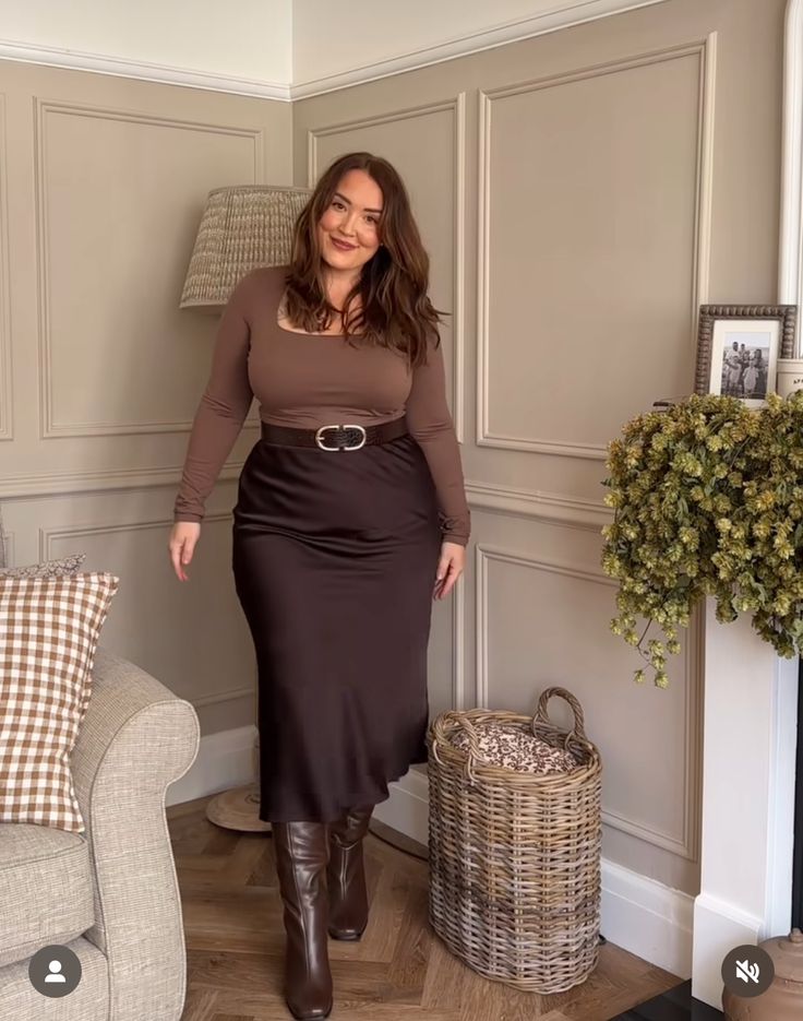 Friendsgiving Outfits: 20 Plus-Size Casual-Cute Ideas - 10. Chocolate Long-Sleeve Top with a Satin Midi Skirt 1