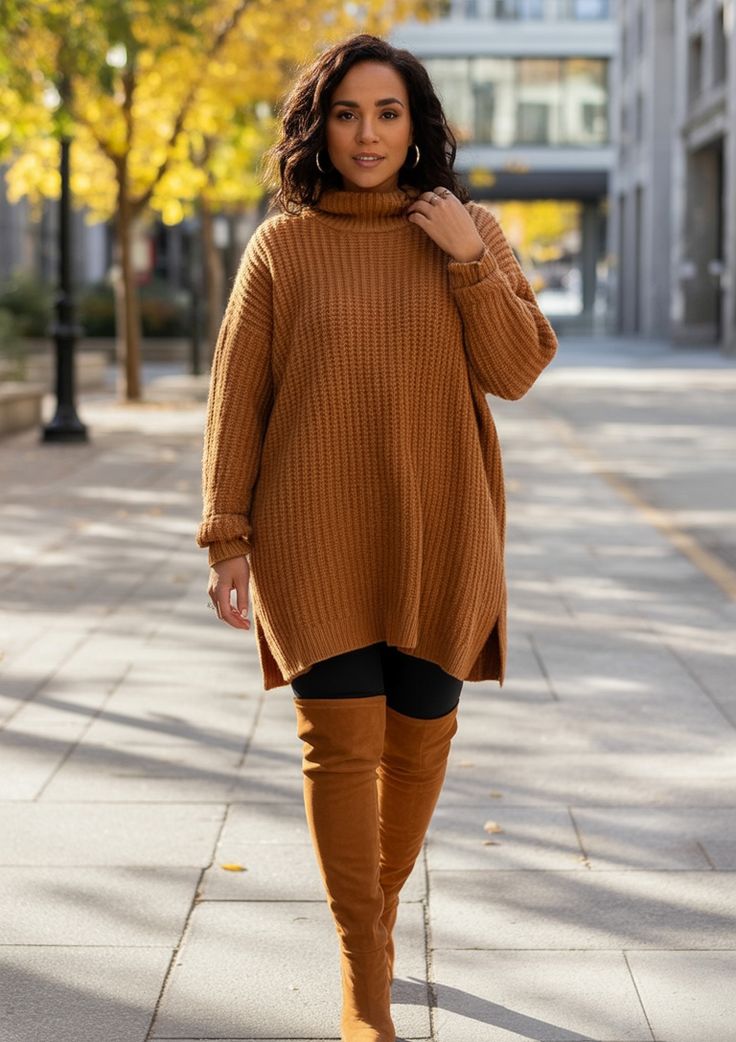 Friendsgiving Outfits: 20 Plus-Size Casual-Cute Ideas - 12. Camel Turtleneck Tunic with Matching Boots 1