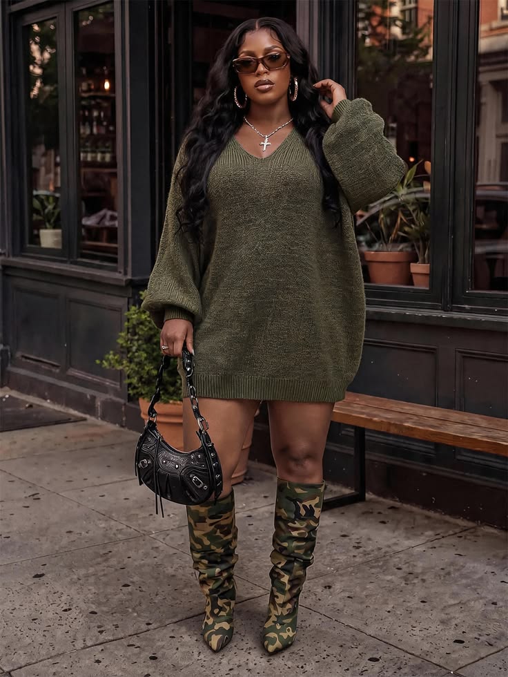 Friendsgiving Outfits: 20 Plus-Size Casual-Cute Ideas - 14. Olive Sweater Dress with Camouflage Boots 1