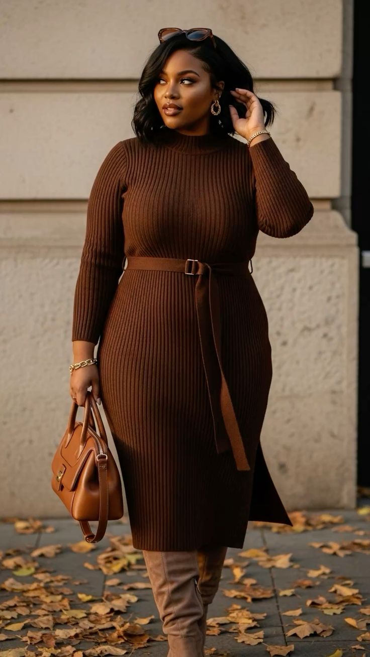 Friendsgiving Outfits: 20 Plus-Size Casual-Cute Ideas - 17. Chocolate Ribbed Dress with a Long Tie Belt 1