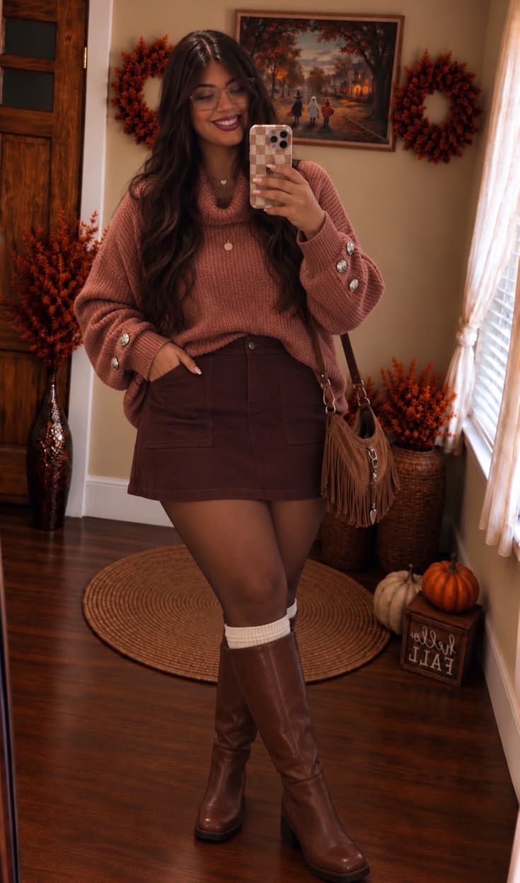 Friendsgiving Outfits: 20 Plus-Size Casual-Cute Ideas - 2. Rust Sweater, Chocolate Skirt, and Western Boots 1