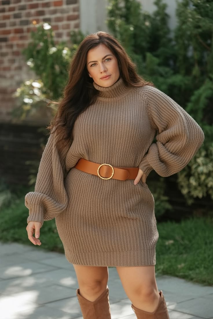Friendsgiving Outfits: 20 Plus-Size Casual-Cute Ideas - 20. Taupe Knit Dress with a Wide Cognac Belt 1