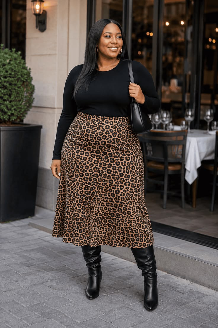 Friendsgiving Outfits: 20 Plus-Size Casual-Cute Ideas - 3. Leopard Midi Skirt with a Simple Black Base 1