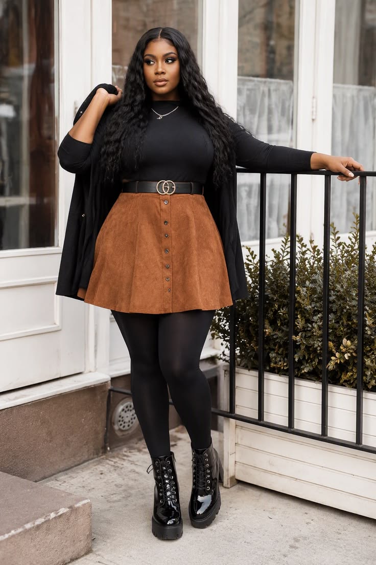 Friendsgiving Outfits: 20 Plus-Size Casual-Cute Ideas - 5. Black Top and Cognac Button-Front Skirt 1