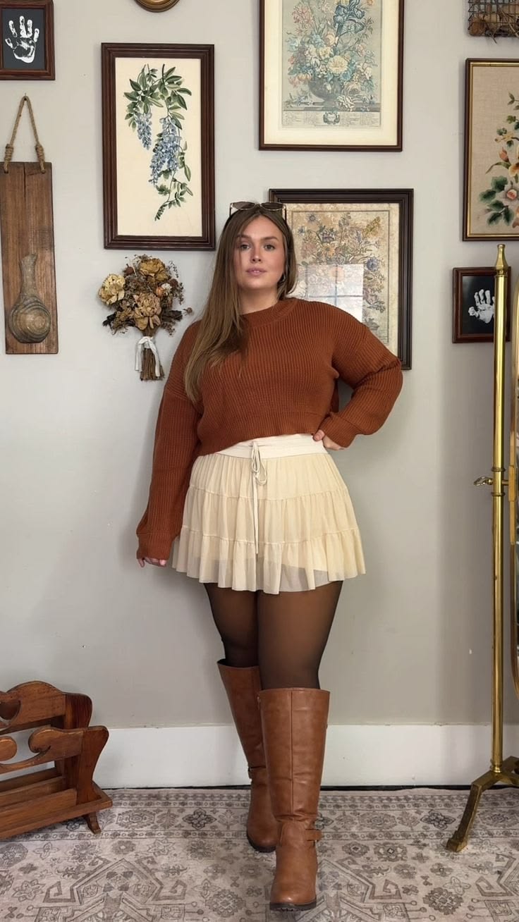 Friendsgiving Outfits: 20 Plus-Size Casual-Cute Ideas - 6. Rust Sweater with a Cream Tiered Skirt 1