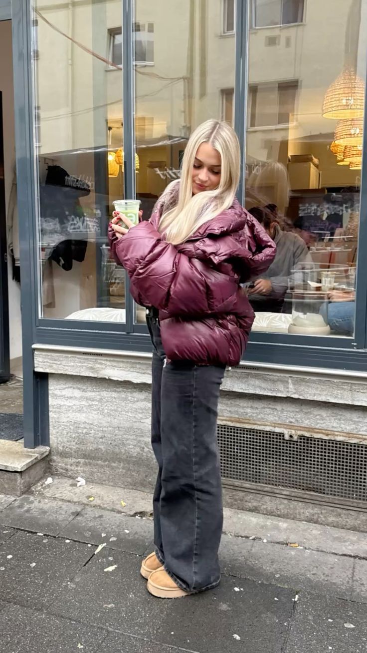 Puffer Jacket Outfits: 20 Ways to Look Chic in the Cold - 10. Plum Shine for a Coffee-Shop Morning 1