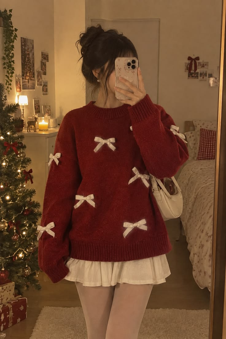 Red Christmas Outfits: 20 Ways to Wear Red - 13. Bow-Detail Sweater with a White Ruffle Skirt 1