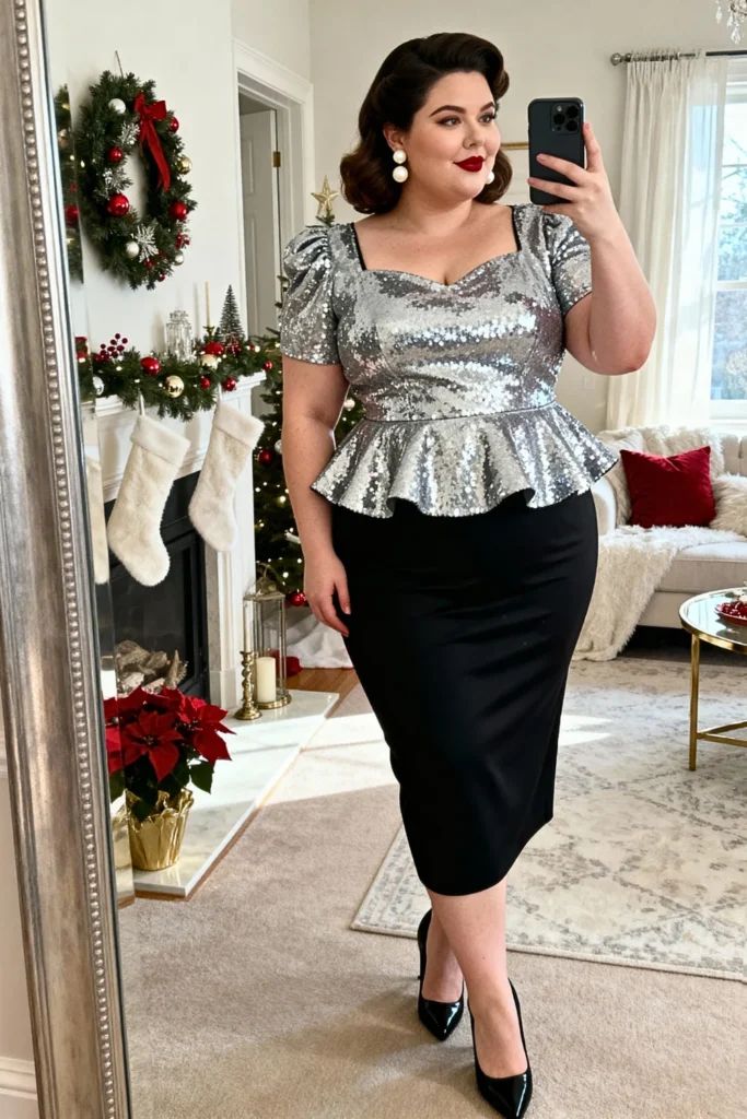 Sequin Outfits: 20 Plus-Size Sparkly Holiday Looks - 11. Silver Peplum Top with a Classic Pencil Skirt 1