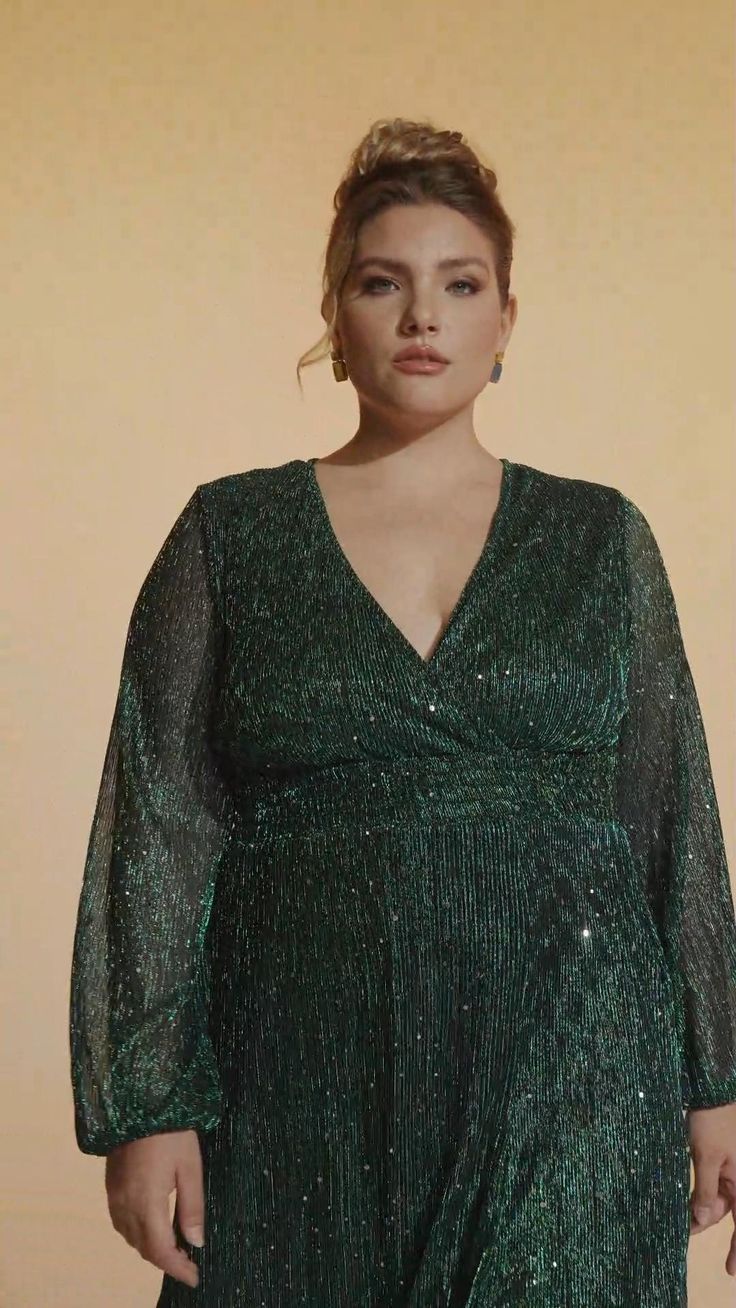 Sequin Outfits: 20 Plus-Size Sparkly Holiday Looks - 14. Sheer-Sleeved Emerald Dress with Soft Shine 1
