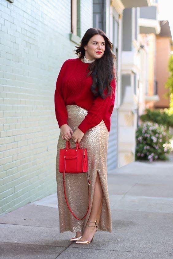 Sequin Outfits: 20 Plus-Size Sparkly Holiday Looks - 18. Red Sweater and Champagne Sequin Maxi 1