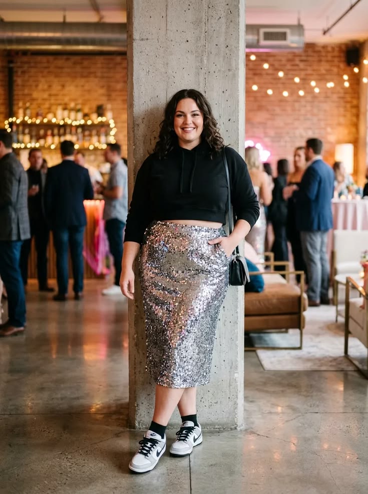 Sequin Outfits: 20 Plus-Size Sparkly Holiday Looks - 20. Silver Sequin Skirt with Sneakers 1