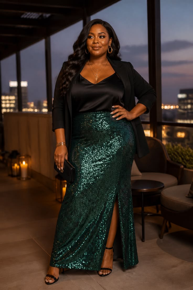 Sequin Outfits: 20 Plus-Size Sparkly Holiday Looks - 3. Emerald Sequin Skirt with a City Blazer 1