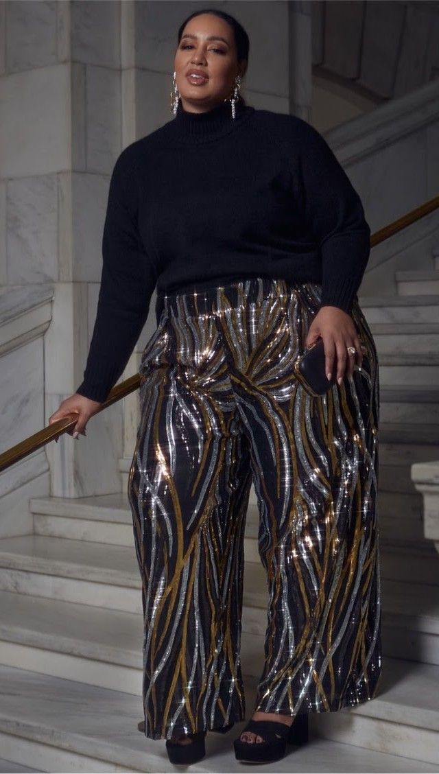 Sequin Outfits: 20 Plus-Size Sparkly Holiday Looks - 5. Wavy Metallic Trousers and a Cozy Black Knit 1