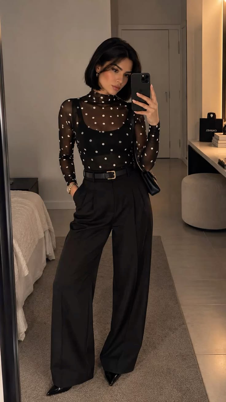 Work Christmas Party Outfits: 20 Polished Looks - 19. Sparkly Christmas Camisole With Tailored Black Pants 1