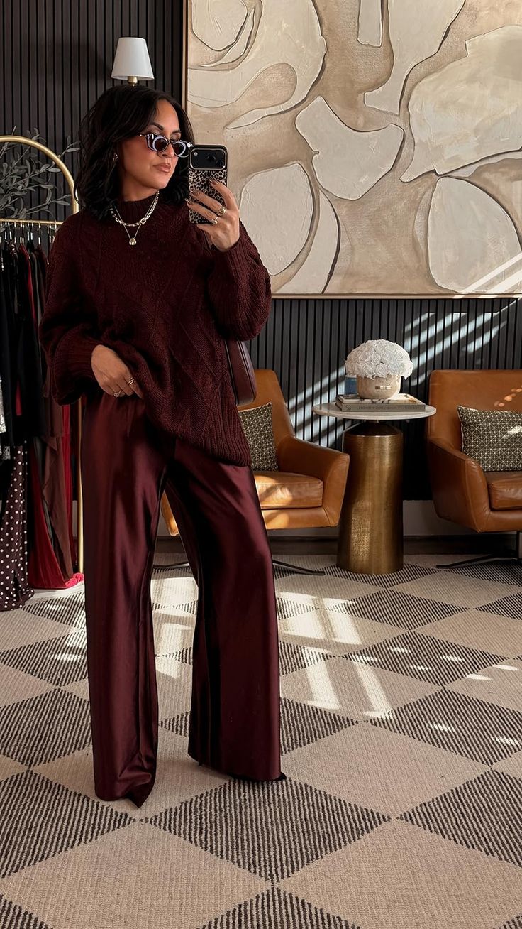 Work Christmas Party Outfits: 20 Polished Looks - 3. Chocolate-Burgundy Knit With Satin Wide-Leg Pants 1