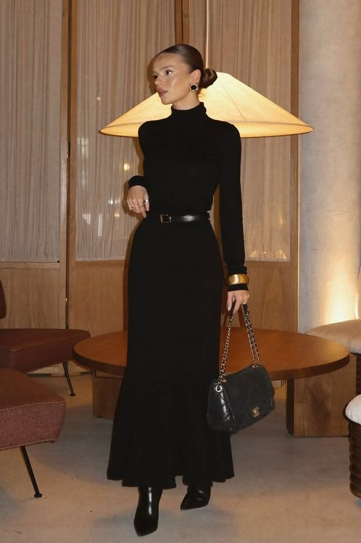 Work Christmas Party Outfits: 20 Polished Looks - 9. Classic Black Midi Dress With a Statement Belt 1